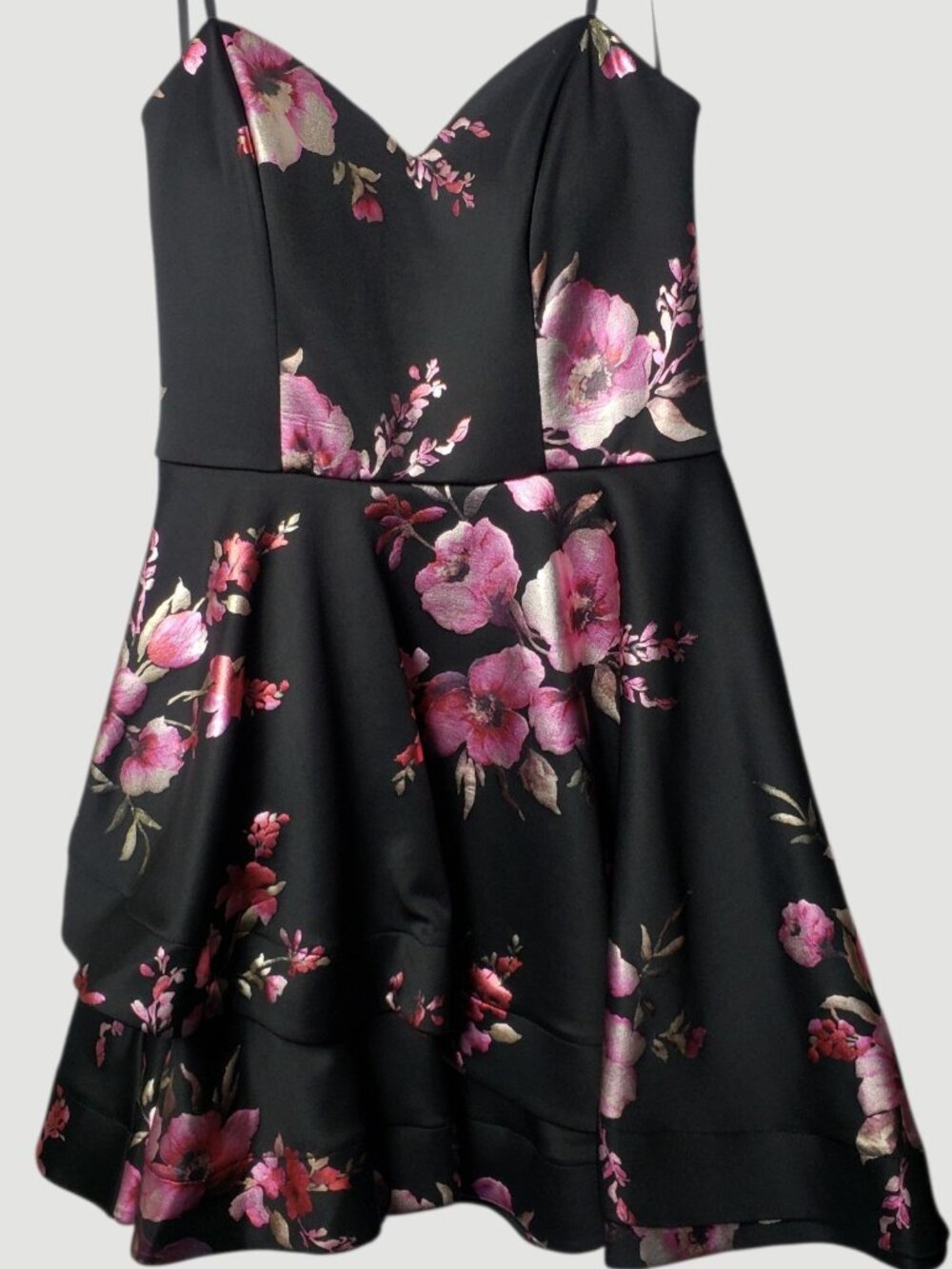 B.Darlin Strapless Floral Fit & Flare Dress Black/ fuschia Size 11/12 - Picture 2 of 12